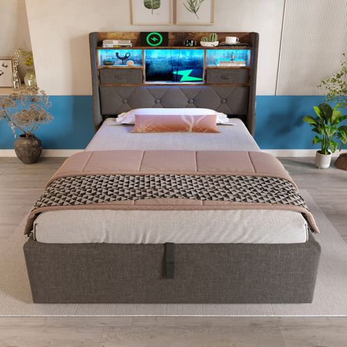 Lit Enfant 90x200 Cm Avec Rangement, LED Et Ports USB/type-c, Lin Gris, Sommier à Lattes