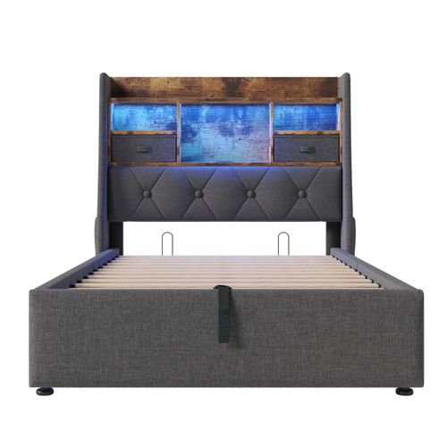 Lit Enfant 90x200 Cm Avec Rangement, LED Et Ports USB/type-c, Lin Gris, Sommier à Lattes