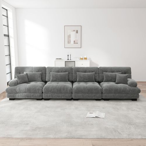 Canapé Modulable 4 Places 406cm, Tissu Chenille Gris, Assise Profonde