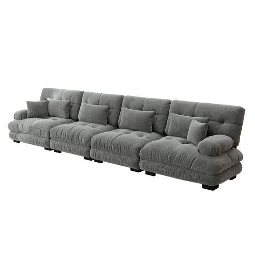 Canapé Modulable 4 Places 406cm, Tissu Chenille Gris, Assise Profonde