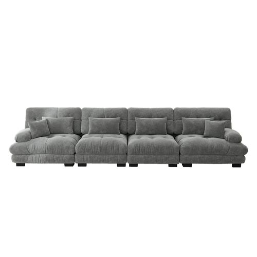 Canapé Modulable 4 Places 406cm, Tissu Chenille Gris, Assise Profonde