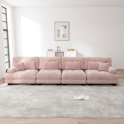 Canapé Modulable 4 Places 406cm – Assise Profonde, Tissu Chenille Rose
