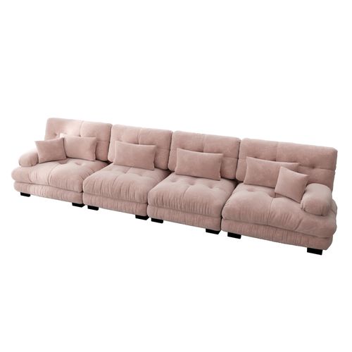 Canapé Modulable 4 Places 406cm – Assise Profonde, Tissu Chenille Rose