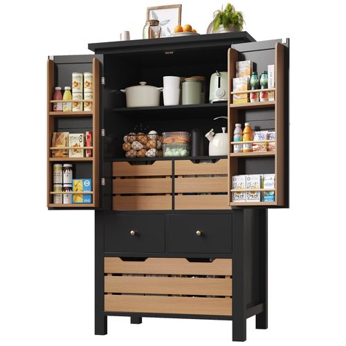 Buffet De Cuisine Haut 80x40x140 Cm, 2 Portes Et 5 Tiroirs, Noir, Métal