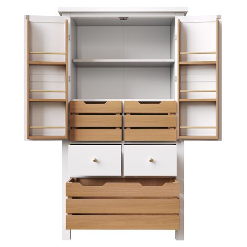 Buffet De Cuisine 80x40x140 Cm Avec 2 Portes Et 5 Tiroirs, Blanc