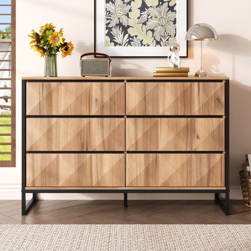 Commode Noir Et Bois Naturel Avec 6 Tiroirs Buffet 120 X 40 X 80 Cm, Piètement Métal