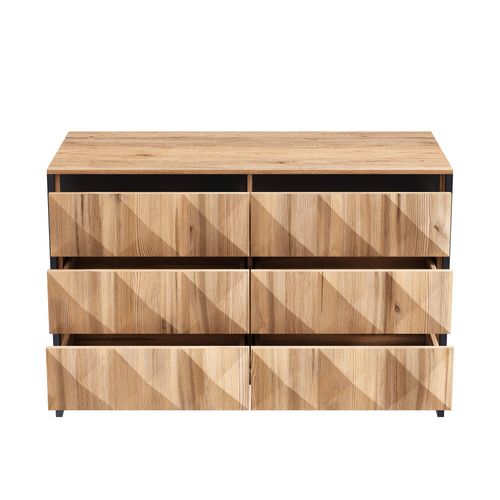 Commode Noir Et Bois Naturel Avec 6 Tiroirs Buffet 120 X 40 X 80 Cm, Piètement Métal