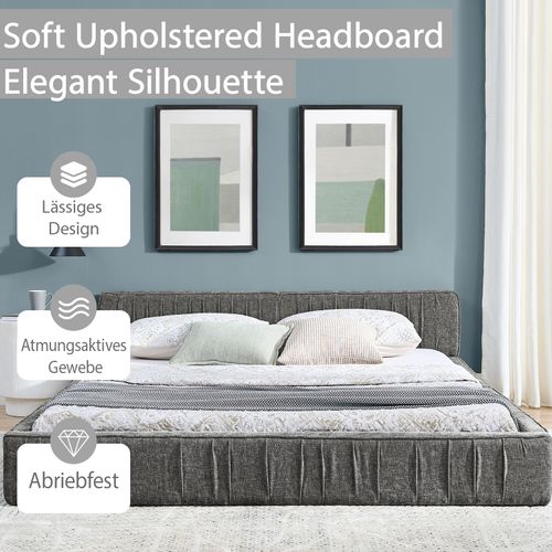 Lit Adulte 160x200 Cm 2 Places En Tissu Chenille Gris Foncé, Structure Bois D'eucalyptus Et Métal