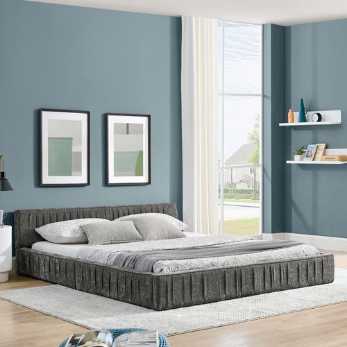 Lit Adulte 160x200 Cm 2 Places En Tissu Chenille Gris Foncé, Structure Bois D'eucalyptus Et Métal