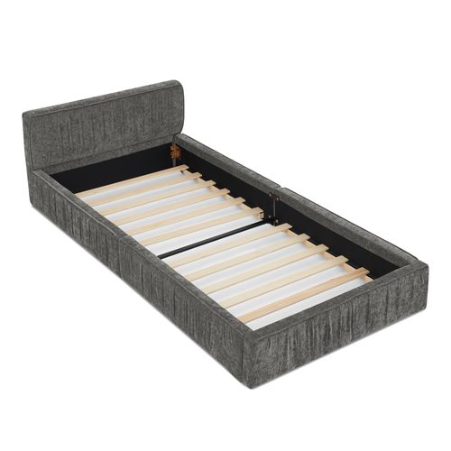 Lit Enfant 90x200 Cm Lit Simple En Tissu Gris Foncé, Structure Bois Et Métal, Sommier à Lattes