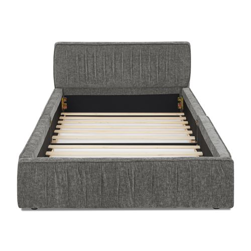 Lit Enfant 90x200 Cm Lit Simple En Tissu Gris Foncé, Structure Bois Et Métal, Sommier à Lattes