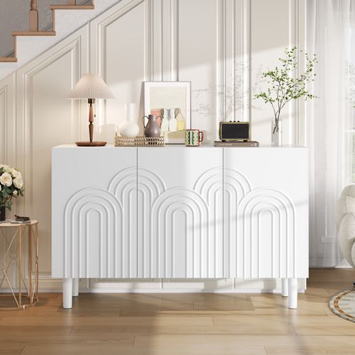 Buffet 120 X 38,5 X 79 Cm Blanc Avec 3 Portes Et 5 Espaces De Rangement, Pieds 16 Cm