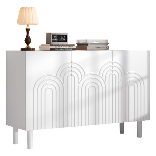 Buffet 120 X 38,5 X 79 Cm Blanc Avec 3 Portes Et 5 Espaces De Rangement, Pieds 16 Cm
