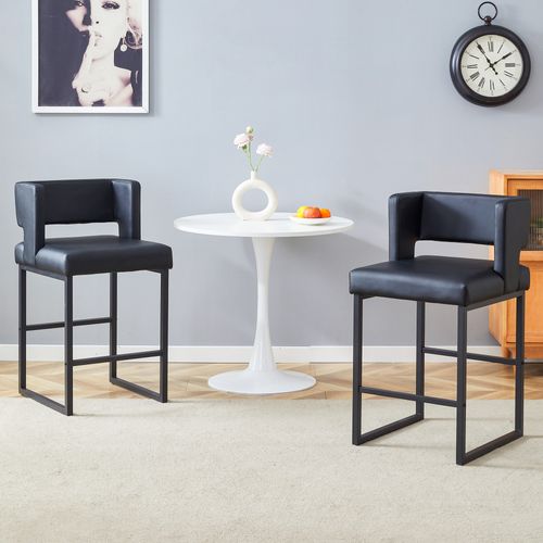 Tabouret De Bar 2 Pièces Style Nordique, Hauteur 91,4 Cm, Assise En Pu Noir, Pieds Métal Noir