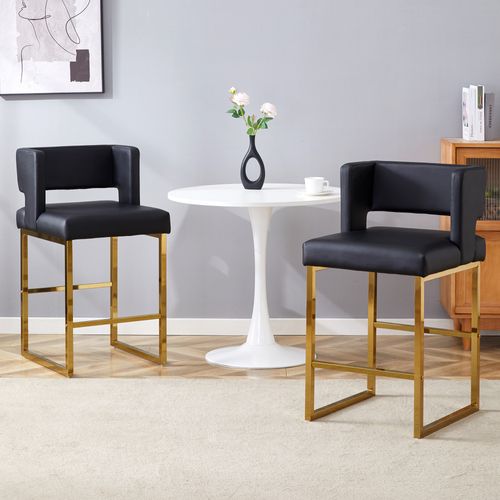 Tabouret De Bar 2 Pièces Style Nordique, Hauteur 91,4 Cm, Assise En Pu Noir, Pieds Métal Doré