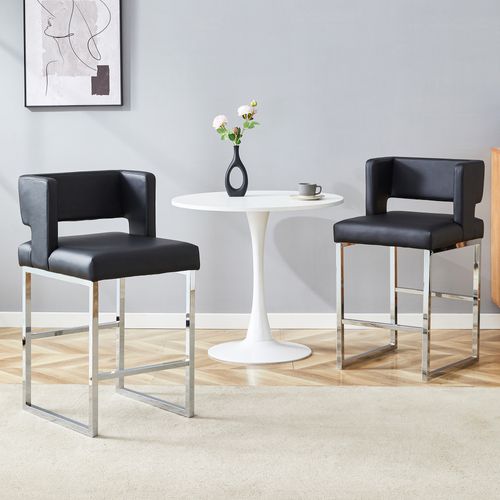 Tabouret De Bar 2 Pièces Style Nordique, Hauteur 91,4 Cm, Assise En Pu Noir, Pieds Métal Argent