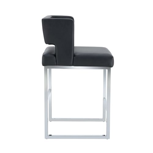 Tabouret De Bar 2 Pièces Style Nordique, Hauteur 91,4 Cm, Assise En Pu Noir, Pieds Métal Argent
