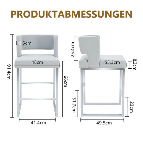 Tabouret De Bar 2 Pièces Style Nordique, Assise En Pu Gris Clair, Pieds Métal Argent