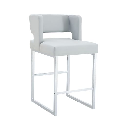 Tabouret De Bar 2 Pièces Style Nordique, Assise En Pu Gris Clair, Pieds Métal Argent