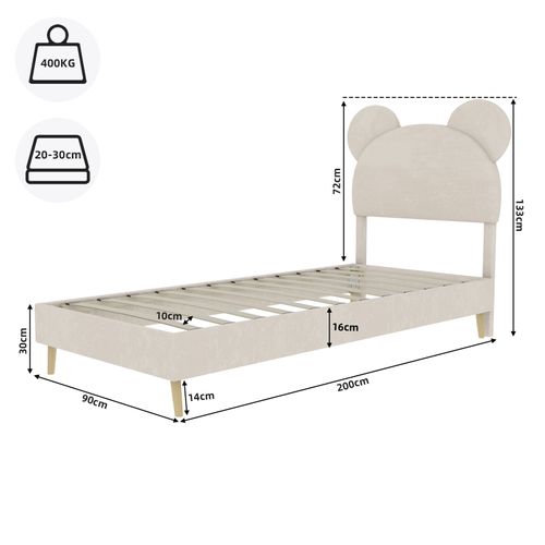 Lit Enfant 90x200 Cm Avec Sommier à Lattes Et Tête De Lit Cartoon, Tissu Beige Et Métal