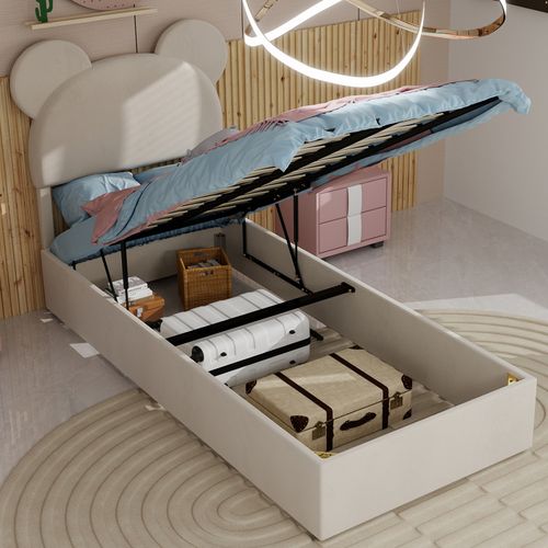 Lit Enfant 90x200 Cm Avec Coffre De Rangement, Tête De Lit Cartoon, Tissu Beige Et Métal