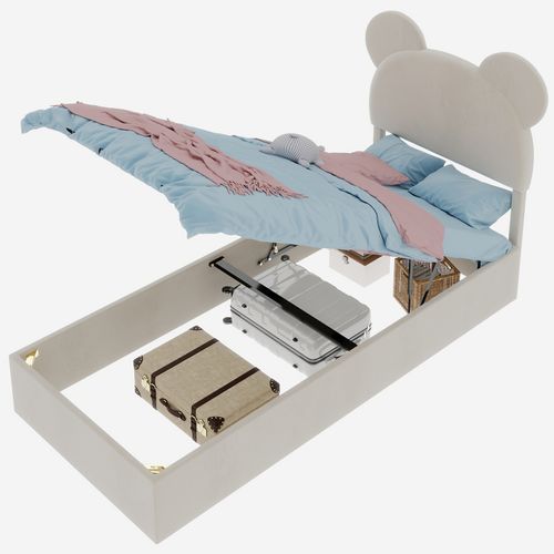 Lit Enfant 90x200 Cm Avec Coffre De Rangement, Tête De Lit Cartoon, Tissu Beige Et Métal