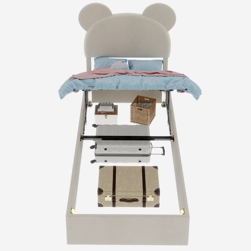 Lit Enfant 90x200 Cm Avec Coffre De Rangement, Tête De Lit Cartoon, Tissu Beige Et Métal