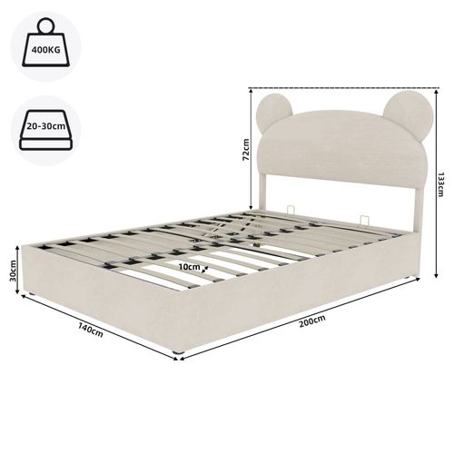 Lit 140x200 Cm 2 Places Avec Coffre Rangement, Tête Cartoon, Tissu Beige