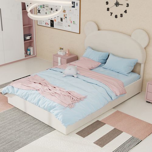 Lit 140x200 Cm 2 Places Avec Coffre Rangement, Tête Cartoon, Tissu Beige