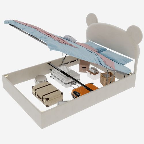 Lit 140x200 Cm 2 Places Avec Coffre Rangement, Tête Cartoon, Tissu Beige