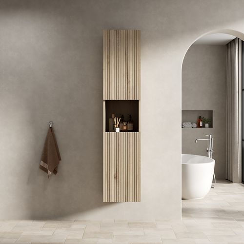 Colonne Murale 160 Cm, Bois Chêne Blanc, 2 Portes Et Niche Ouverte, Armoire Salle De Bain