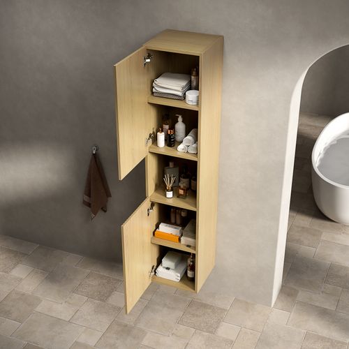 Colonne Murale 160 Cm, Bois Chêne Doré, 2 Portes Et Niche Ouverte, Armoire Salle De Bain