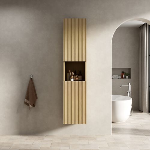 Colonne Murale 160 Cm, Bois Chêne Doré, 2 Portes Et Niche Ouverte, Armoire Salle De Bain