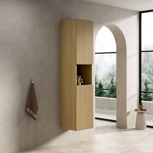 Colonne Murale 160 Cm, Bois Chêne Doré, 2 Portes Et Niche Ouverte, Armoire Salle De Bain