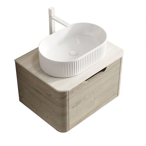 Lavabo Suspendu 60 Cm, Vasque Ovale Céramique, Plan En Pierre, Finition Chêne Crème