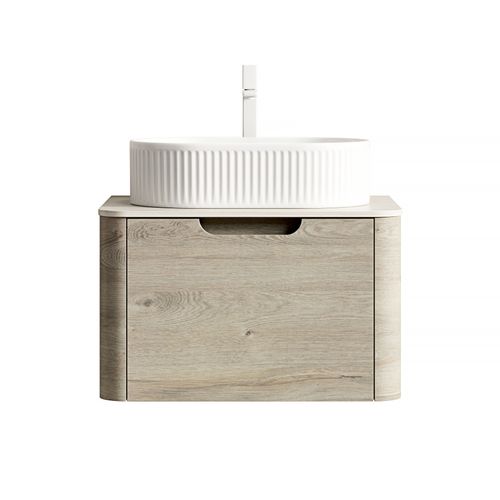 Lavabo Suspendu 60 Cm, Vasque Ovale Céramique, Plan En Pierre, Finition Chêne Crème