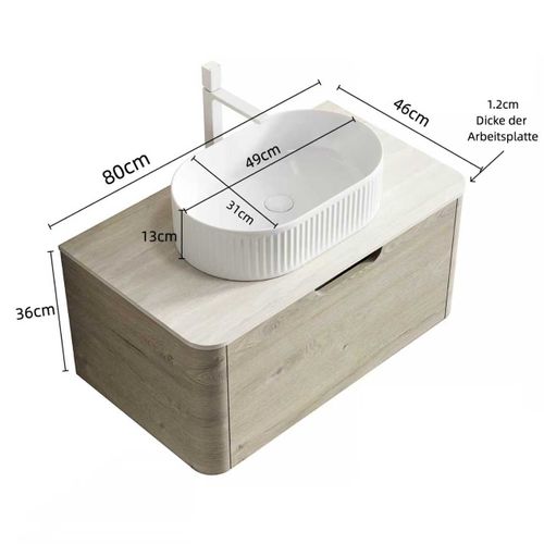 Lavabo Suspendu 80 Cm, Vasque Ovale En Céramique, Plan En Pierre, Tiroir, Finition Chêne Crème