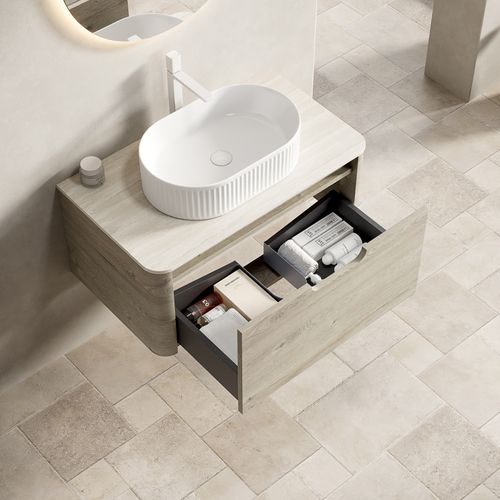 Lavabo Suspendu 80 Cm, Vasque Ovale En Céramique, Plan En Pierre, Tiroir, Finition Chêne Crème
