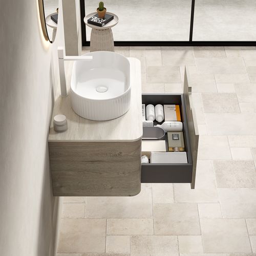 Lavabo Suspendu 80 Cm, Vasque Ovale En Céramique, Plan En Pierre, Tiroir, Finition Chêne Crème