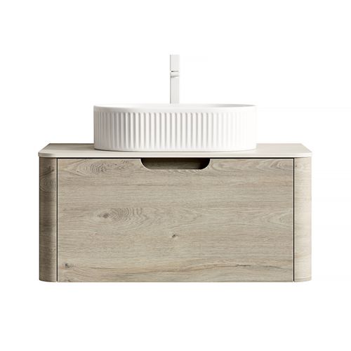 Lavabo Suspendu 80 Cm, Vasque Ovale En Céramique, Plan En Pierre, Tiroir, Finition Chêne Crème