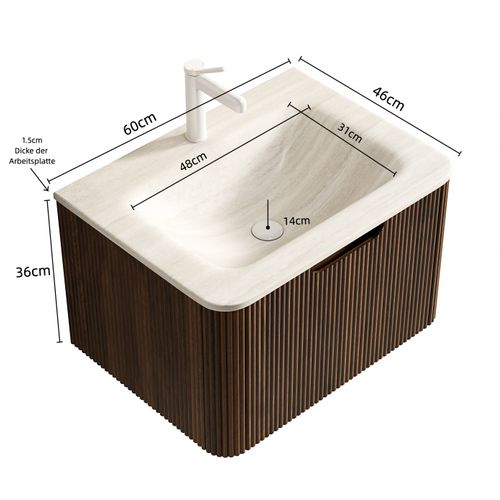 Lavabo Suspendu Salle De Bains 60 Cm Avec Tiroir LED, Bois Noyer, Lavabo Travertin Intégré