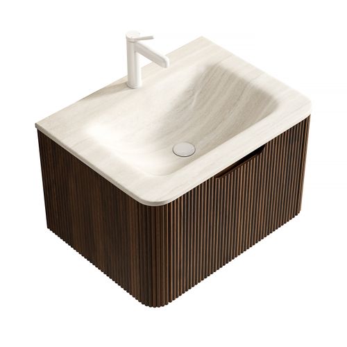 Lavabo Suspendu Salle De Bains 60 Cm Avec Tiroir LED, Bois Noyer, Lavabo Travertin Intégré