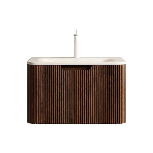 Lavabo Suspendu Salle De Bains 60 Cm Avec Tiroir LED, Bois Noyer, Lavabo Travertin Intégré