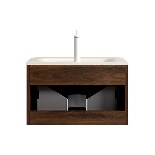 Lavabo Suspendu Salle De Bains 60 Cm Avec Tiroir LED, Bois Noyer, Lavabo Travertin Intégré
