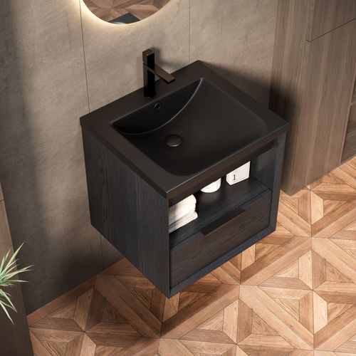 Lavabo Suspendu Vasque En Céramique, Tiroir Et Étagère, Aspect Chêne Noir, Salle De Bain
