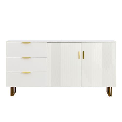 Buffet 160×40×81,5 Cm, Mdf Blanc, 3 Tiroirs + 2 Portes, Poignées Dorées, Pieds Acier Brun