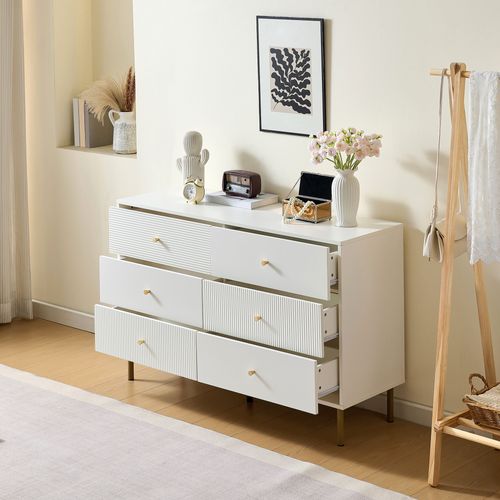 Commode 6 Tiroirs 120x40x78 Cm, Mdf Blanc, Poignées Alliage De Zinc, Pieds Acier