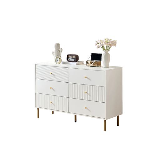 Commode 6 Tiroirs 120x40x78 Cm, Mdf Blanc, Poignées Alliage De Zinc, Pieds Acier