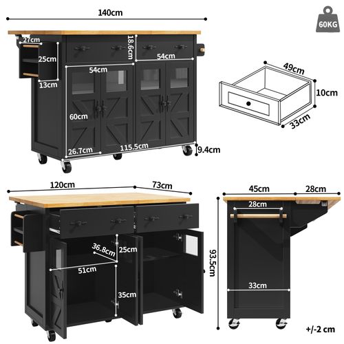 Desserte De Cuisine Noire, Îlot Mobile 2 Portes Et 4 Tiroirs – Rangement, Roulettes Avec Frein
