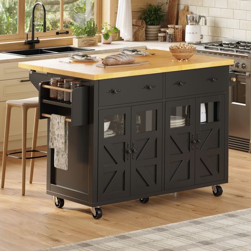 Desserte De Cuisine Noire, Îlot Mobile 2 Portes Et 4 Tiroirs – Rangement, Roulettes Avec Frein